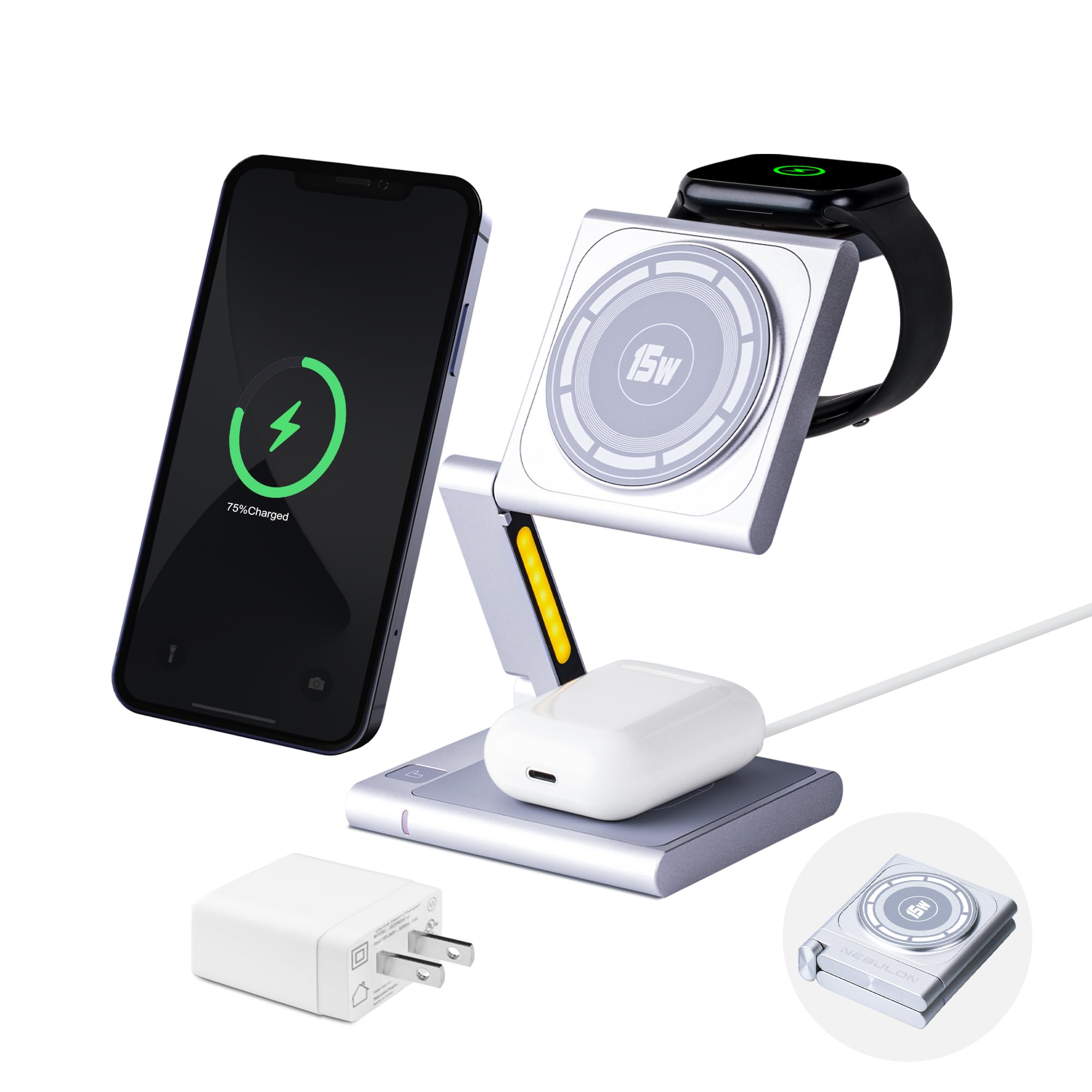 NEBULON 4-in-1 15 Watt Fast Charging Wireless Charging Station Designed for Compatibility with MagSafe; Aluminum Modern Design w/Nightlight for iPhone AirPods and Apple Watch [Titanium]