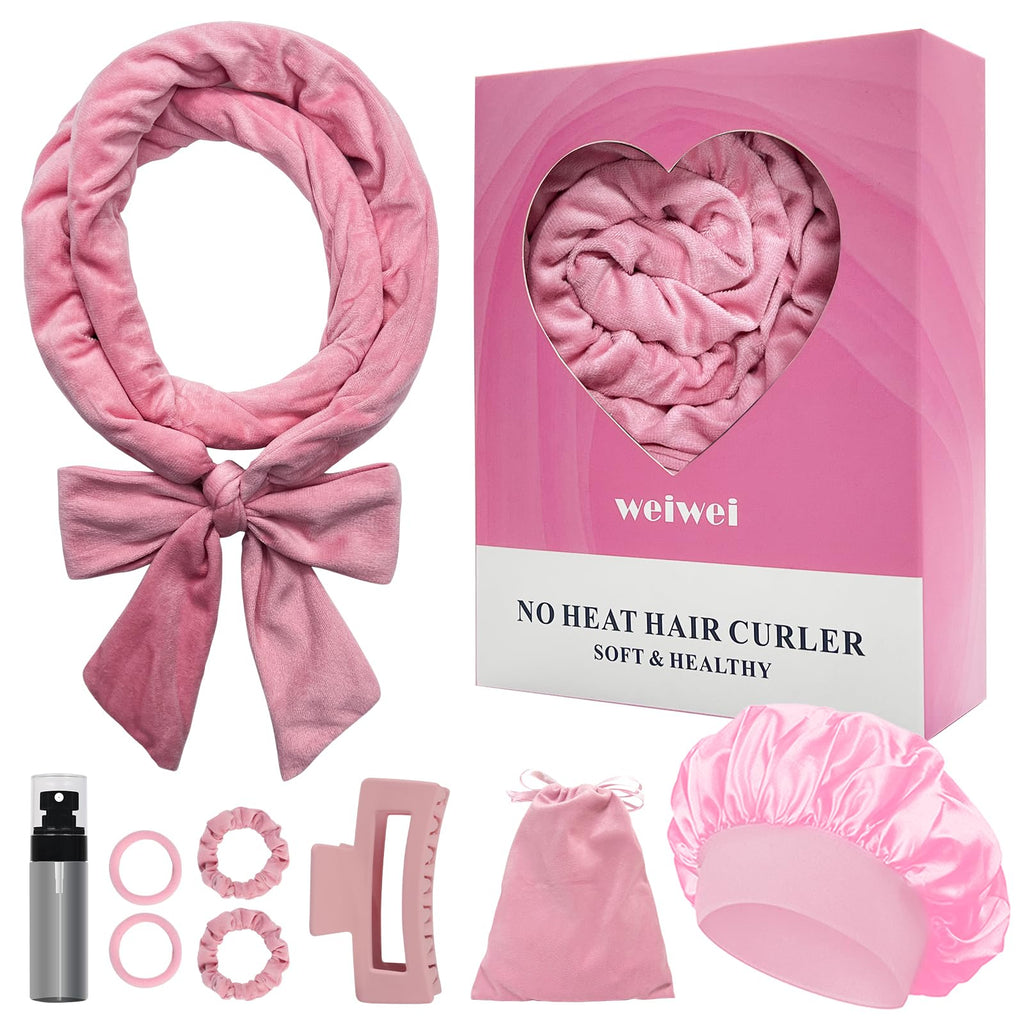 weiwei Heatless Overnight Curling Headband 70" Soft Hair Rollers to Sleep In Long Wave Hair Wrap for Women 9PCS Curling Rod Gift Set (Pink)