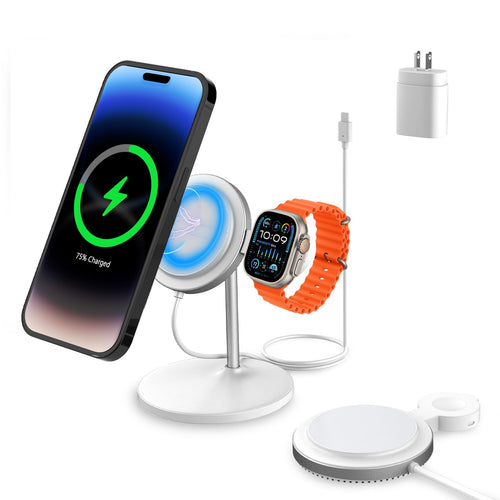 2 in 1 Wireless Charging Station for iPhone MagSafe Charger Stand Fast Charging Removable Magnetic Wireless Charger for iPhone16 15 14 13 12 Series & Apple Watch(PD 25W Adapter Included)-White