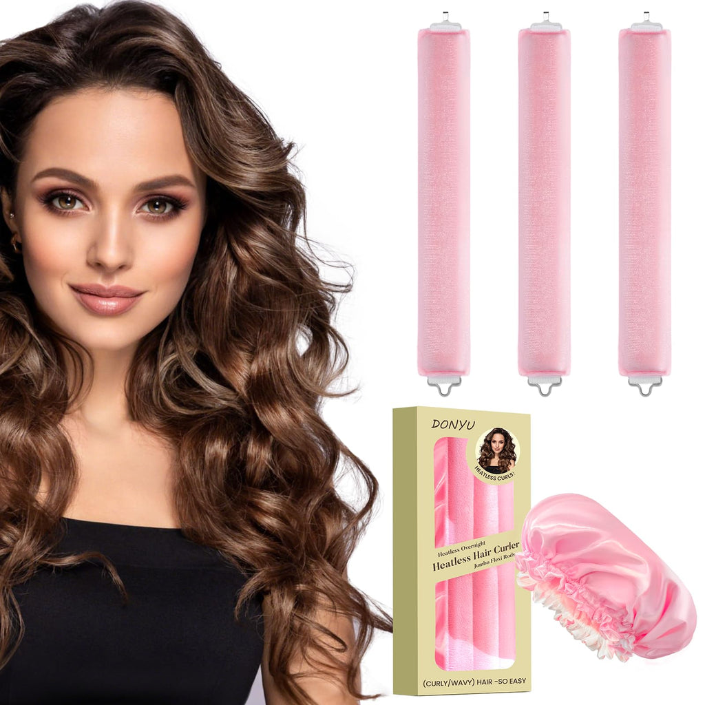 Heatless Hair Curler - Overnight Blowout Rods with a Nightcap & Snap for All Hair Types No Heat Needed Jumbo Heatless Curling Rods to Sleep in (3 Pink)