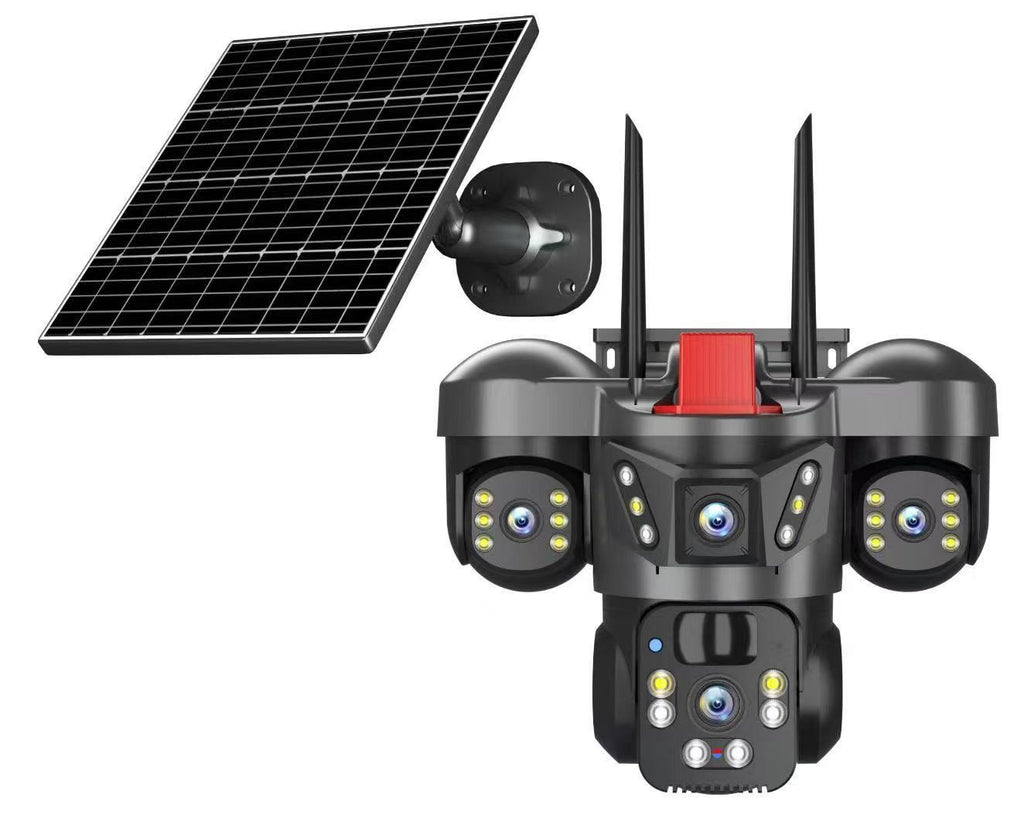 Solar Wireless 3-Lens WiFi PTZ Security Camera, Side Cameras with Adjustable All-Angle Arm, 2K 360° View, Auto Tracking, Spotlight, 2 Way Audio