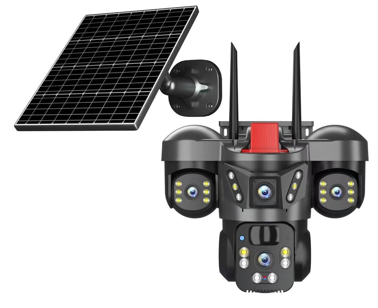 Solar Wireless 3-Lens WiFi PTZ Security Camera, Side Cameras with Adjustable All-Angle Arm, 2K 360° View, Auto Tracking, Spotlight, 2 Way Audio