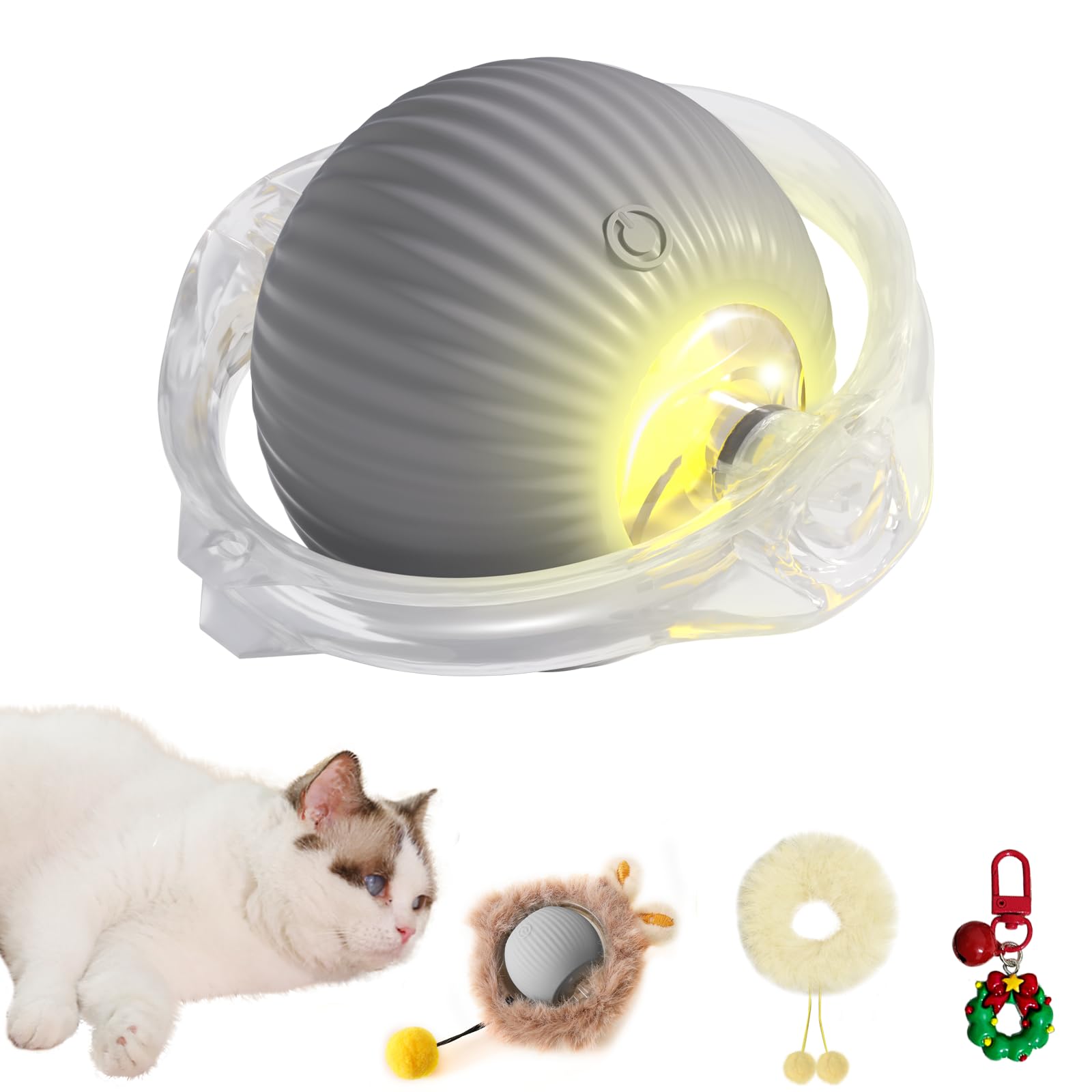 Pawlytek Smart Interactive Cat Toy Ball - Plush Smart Automatic Cat Toy with Light Interactive Cat Toy for Indoor Cats Cat Interactive Toy for Indoor Cats USB Rechargeable Auto On/Off(Grey)